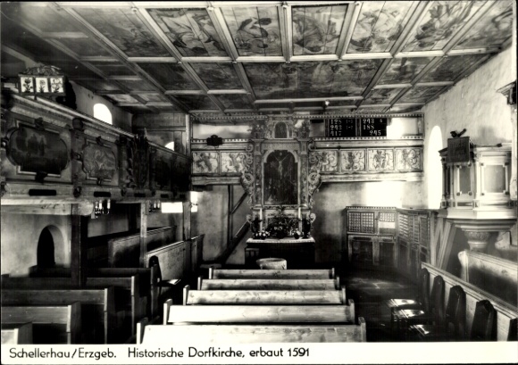 Ak Schellerhau Altenberg im Erzgebirge, Historische Dorfkirche, erbaut 1591, Innenansicht, Hol...