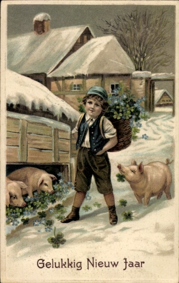 Embossed Postcard New Year, Child, Pigs, Clovers