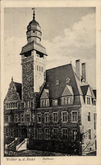 Postcard Wetter an der Ruhr, town hall, architecture, black and white, no people, no symbols