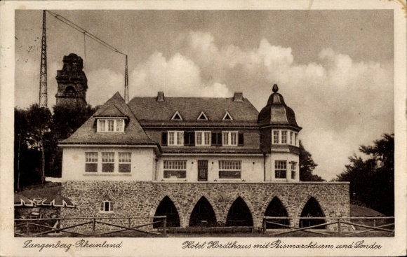 Postcard Langenberg Velbert in the Rhineland, Hotel Hordthaus with Bismarck Tower and transmitter