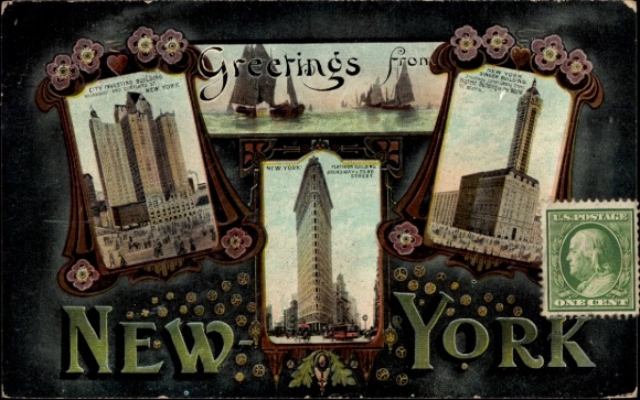 Postcard New York City USA, skyscrapers, sailboats