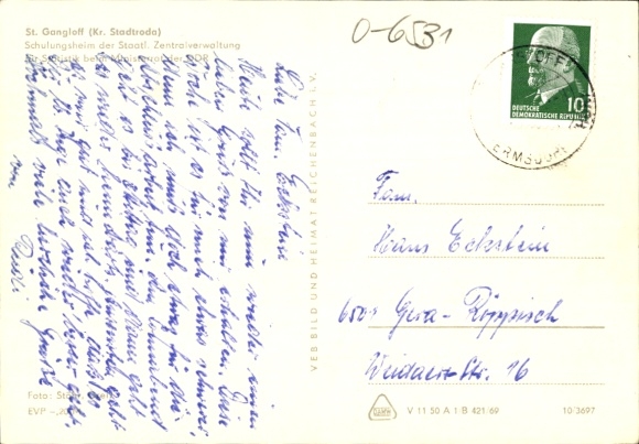 Postcard St. Gangloff in Thuringia, training center of the State Central Administration for Statistics