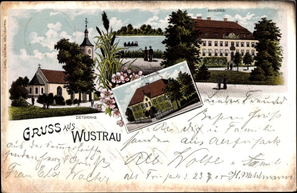 Chromo-Litho Wustrau Altfriesack Fehrbellin in Brandenburg, Zieten grave, church, vicarage, castle