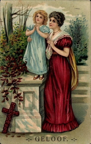 Präge Ak Allegorie, Glaube, Frau mit Kind, Kreuz, Gebet