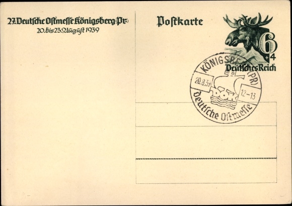 Postwaardekaart ansichtkaart Kaliningrad Königsberg Oost-Pruisen, 27e Duitse Oost-beurs 1939