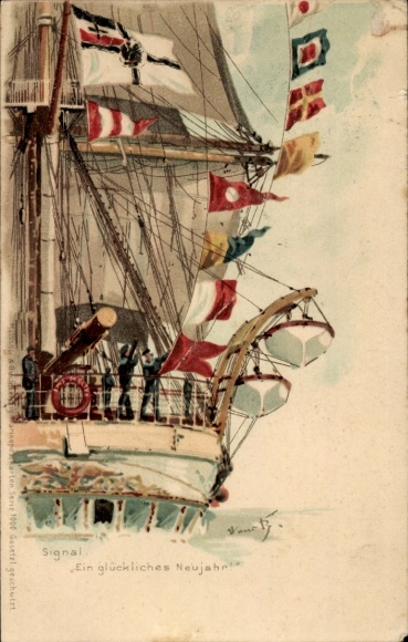 Artist Chromo-Litho Bohrdt, Happy New Year, Sailing Ship with Signal Flags