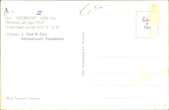 Postkaart trekker MT Noordzee, L. Smit & Co, internationale slaapservice