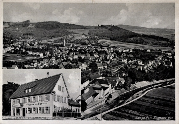 Postcard Salach in Filstal, aerial photograph, Gasthaus zum Schwanen