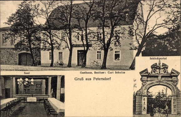 Ansichtkaart Petersdorf Jacobsdorf Brandenburg, kasteelportaal, herberg Curt Schulze, hal