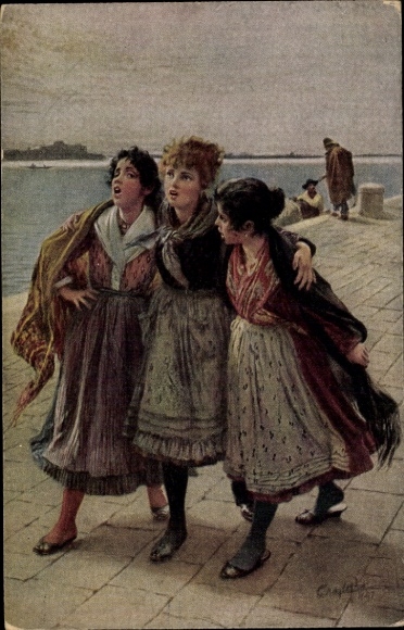 Artist Postcard Passini, L., Three Girls, Italian Costume