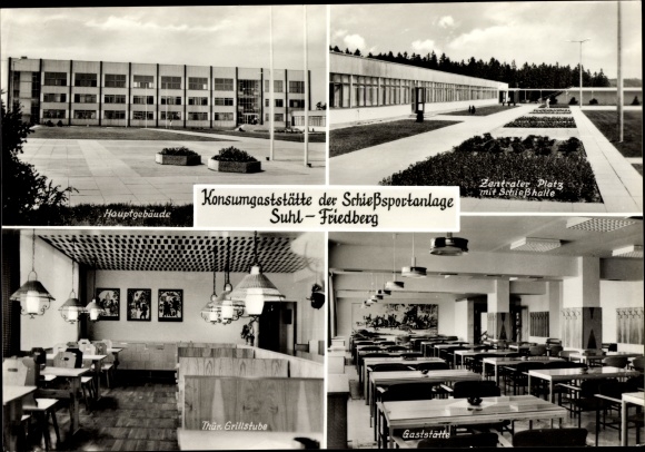 Postcard Friedberg Suhl Thuringia, consumer restaurant of the shooting range, main building, central square