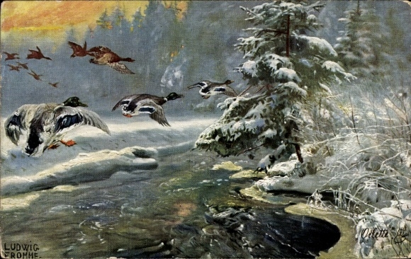 Artist Postcard Fromme, Ludwig, Ducks in flight in winter