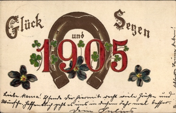 Embossed PC Happy New Year 1905, lucky clover, violet, horseshoe