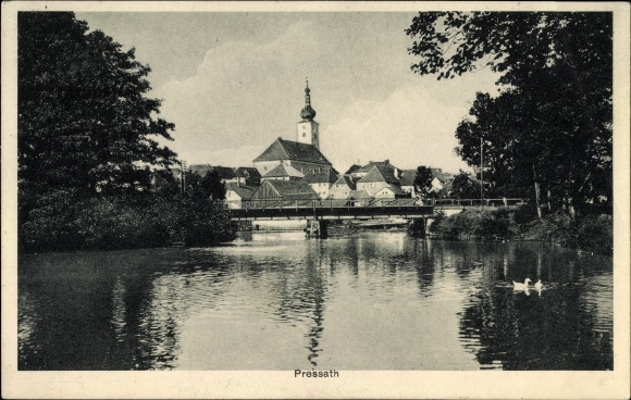 Ak Pressath in der Oberpfalz, Blick vom Fluss auf die Kirche des Ortes, Brücke