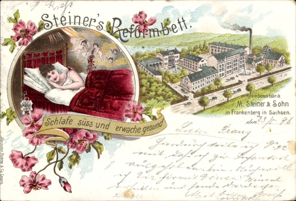 Postcard Frankenberg in Saxony, woman in bed, Rembenenfabrik M. Steiner & Sohn, flower decoration