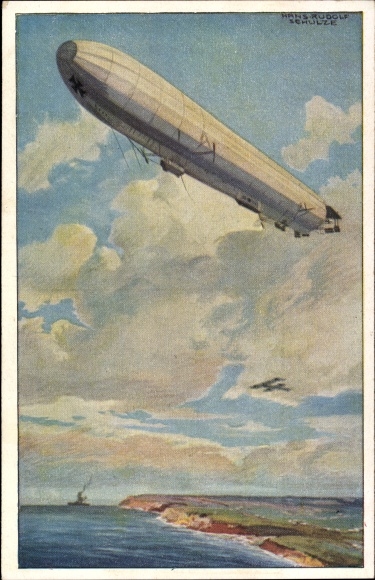 Artist PC Schulze, Hans Rudolf, Reichsmarine airship, guards the German Baltic Sea coast