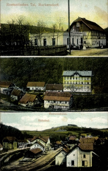 Ak Markersdorf in Oberlausitz, Saksen, herberg Romantische Vallei, treinstation, ambtenarenhuis