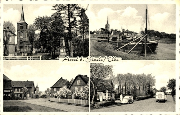 Postcard Assel Drochtersen Elbe, church, harbor, street section, car