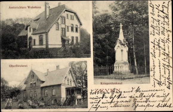Postcard Zeven in Lower Saxony, magistrate&#39;s house, chief forester&#39;s office, war memorial