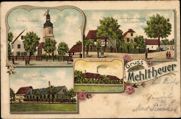 Litho Mehltheuer Hirschstein, Kirche, Schule, Handlung, Gruhle's Gut, Gasthof