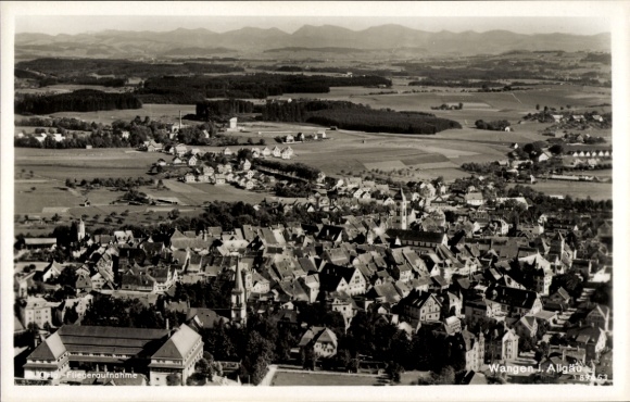 Postcard Wangen im Allgäu, aerial view of rural landscape, hilly surroundings, architecture