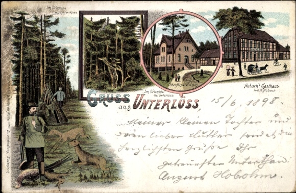 Litho Unterlüß Unterlüss Südheide, Hubachs Gasthaus, Oberförsterei, Urwald
