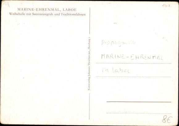 Postcard Laboe, marine memorial, consecration hall with seaman&#39;s grave, traditional flags
