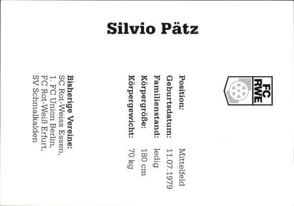 Autograph card footballer Silvio Pätz, FC Rot-Weiß Erfurt, autograph