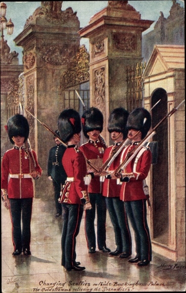 Artist Postcard Payne, Harry, Coldstream Guards changing Sentries outside Buckingham Palace, Tuck