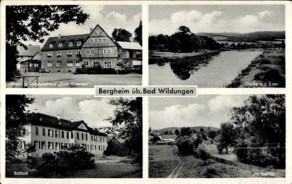 Postcard Bergheim Edertal in Northern Hesse, guest house at the Edersee, castle