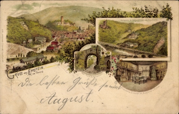 Chromo-Litho Eppstein Taunus Hessen, total view, Bergpark Herm. Alfred, gate of the castle, Old German Room