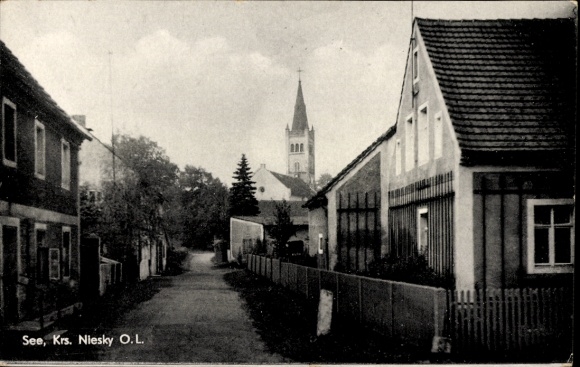 Postcard Lake Niesky in Upper Lusatia, street, houses, church