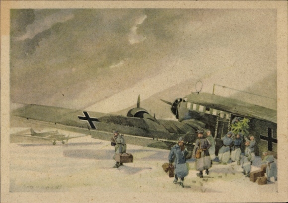 Künstler Ak Brauner, Dt. Luftwaffe, Junkers Ju 52 3/m Transportflugzeug, Weihnachtsgaben, Russland