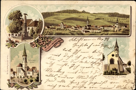 Chromo-Litho Markdorf in the Lake Constance district of Baden-Württemberg, panorama, war memorial, Protestant and Catholic Church