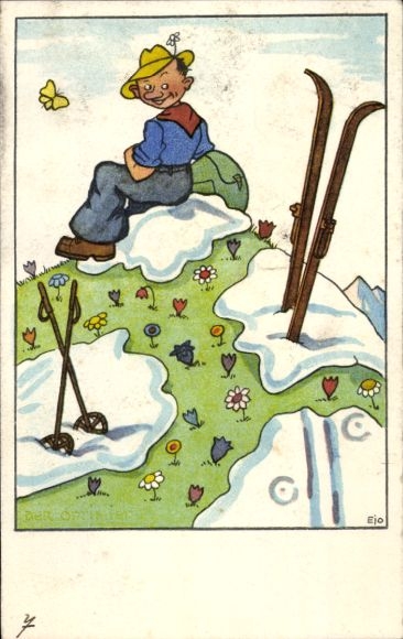 Künstler Ak Ejo, Skiläufer auf Berggipfel, Schnee taut