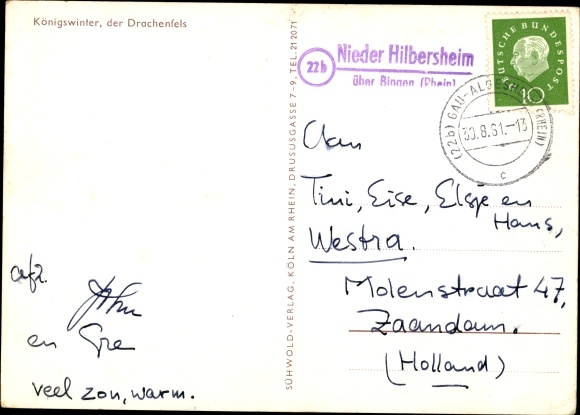 KP kraj stempla pocztowego Nieder Hilbersheim o Bingen Rhein, Königswinter, Drachenfels