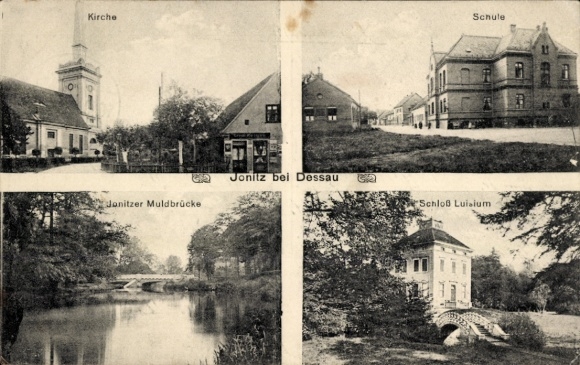 Ak Jonitz Waldersee Dessau in Sachsen Anhalt, Schloss Luisium, Schule, Muldbrücke, Kirche