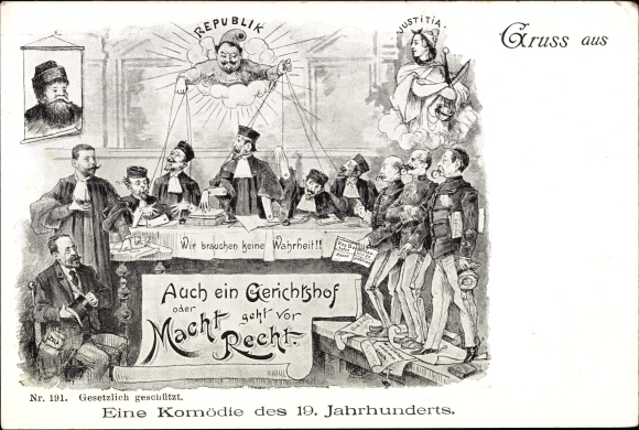 Postcard A 19th Century Comedy, Might Makes Right, Justitia, France, Propaganda