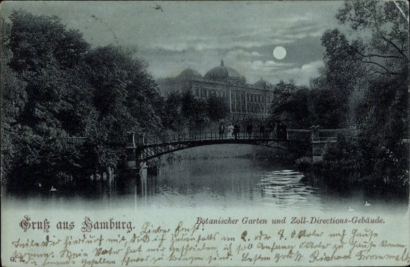 Moonlight Postcard Hamburg Altona Klein Flottbek, Botanical Garden, Customs Directorate Building
