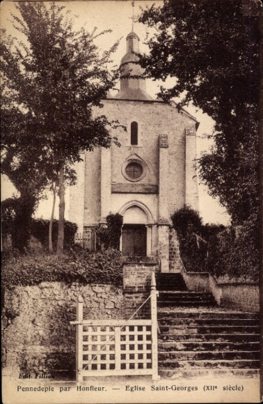 Ak Honfleur Calvados, Eglise Saint-Georges, 12. Jahrhundert, Treppe, Bäume