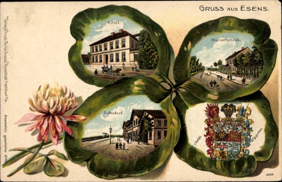 Kleeblatt Chromo-Litho Esens in Ostfriesland, hotel, sausage factory, train station, coat of arms