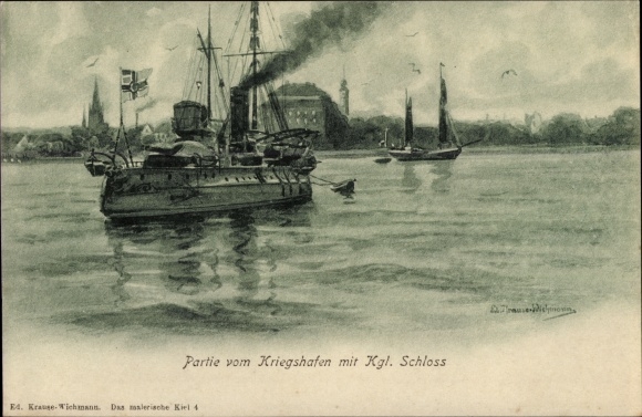 Artist PC German warship, coastal battleship, naval port of Kiel, castle, Kaiserl. marine