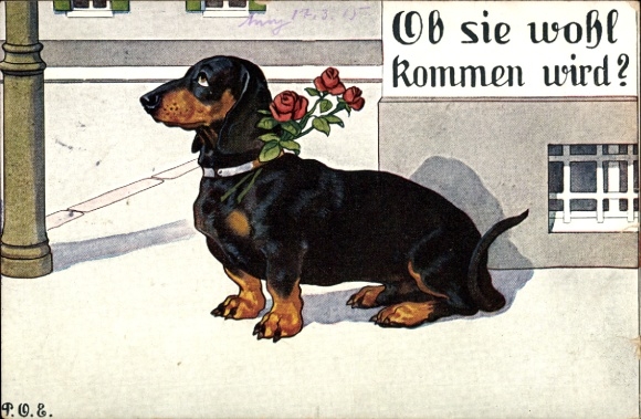 Artist Postcard Engelhard, POE, Will she come, Dachshund, Roses, Love
