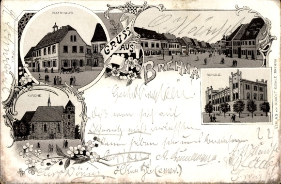 litho Brehna in Saksen-Anhalt, stadhuis, kerk, school