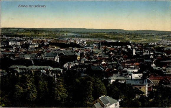 Postcard Zweibrücken in the Palatinate, panoramic view of the city in color, many roofs