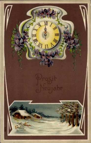 Präge Ak Glückwunsch Neujahr, Dorfidyll, Uhr