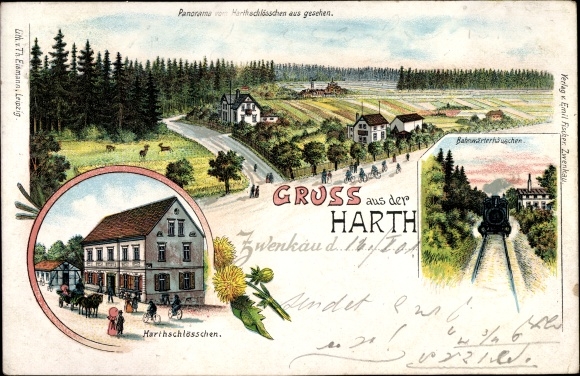 Chromo-Litho Zwenkau in Saxony, Harthschlösschen, gatekeeper&#39;s house, railway