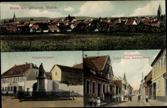 KP Wöllstein w Rheinhessen, widok ogólny, pomnik wojenny, główna ulica, księgarnia
