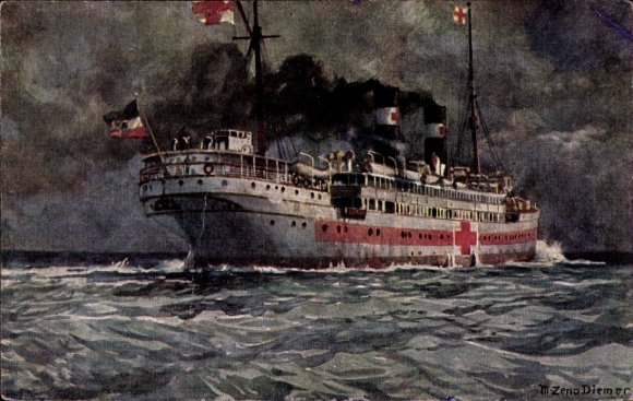 Kunstenaarskaart Diemer, Zeno, Duits hospitaalschip, verpleging in oorlog, WOI