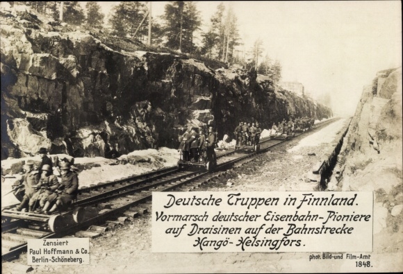 Postcard Finland, German railway pioneers on draisines, Hangö-Helsingfors railway line, World War I